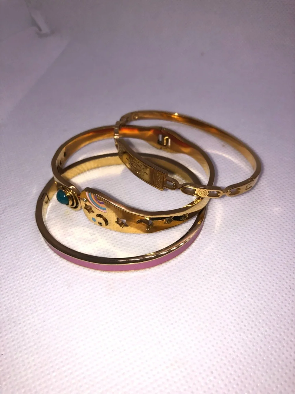 Gold Tone Pink Enamel and Turquoise Accent Women's Bracelet Set
